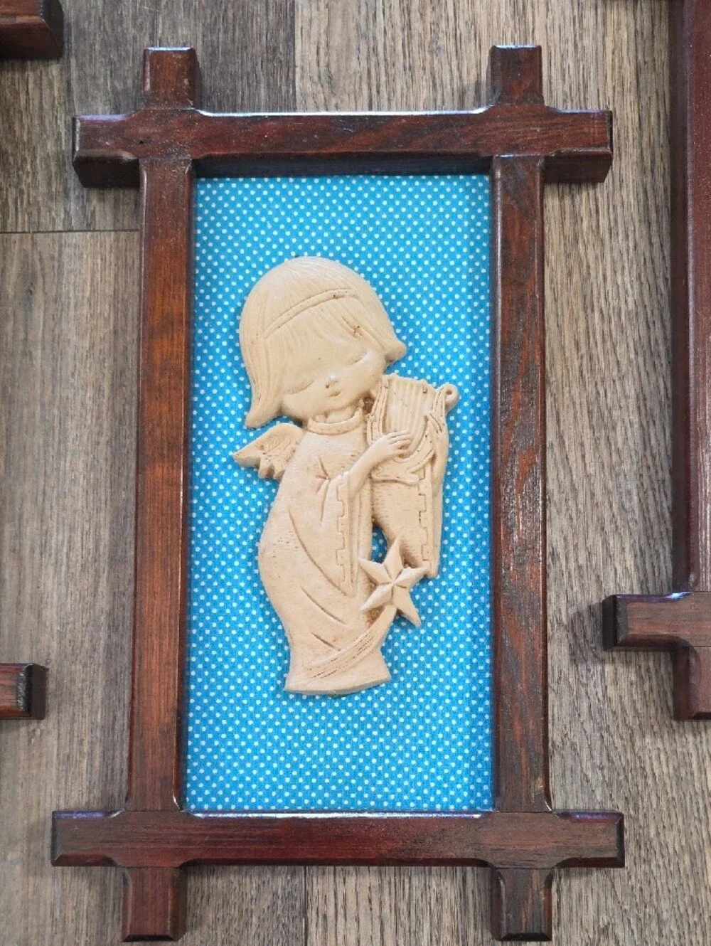 MCM Blue Backed Wall Plaque Triptych with Dark Wood Frames Vintage Angels.